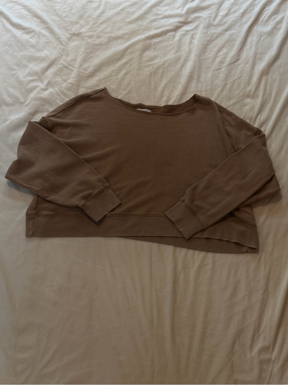 aerie Cropped Off the Shoulder Crewneck in Tan